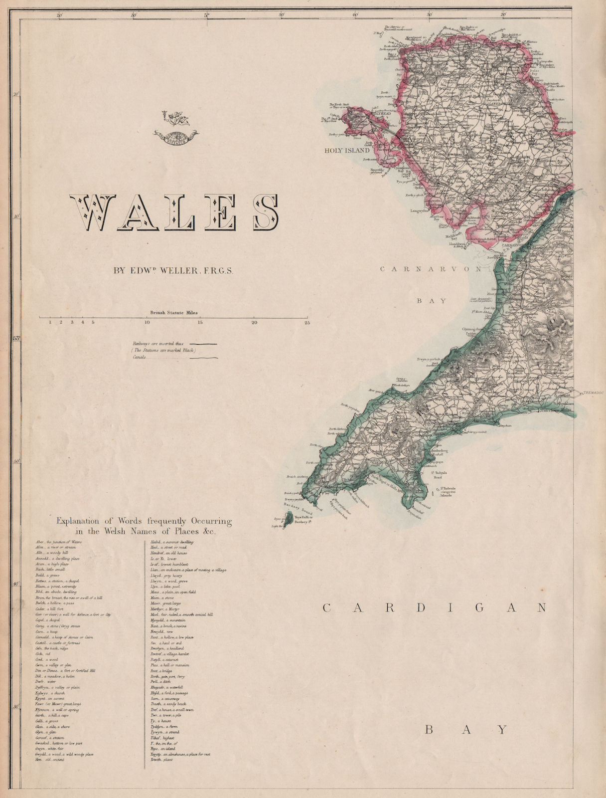 WALES NORTH WEST Anglesey Lleyn/Llyn Peninsula Welsh placenames WELLER 1863 map